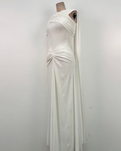 White Draped Asymmetric Cape-Sleeve Evening Gown