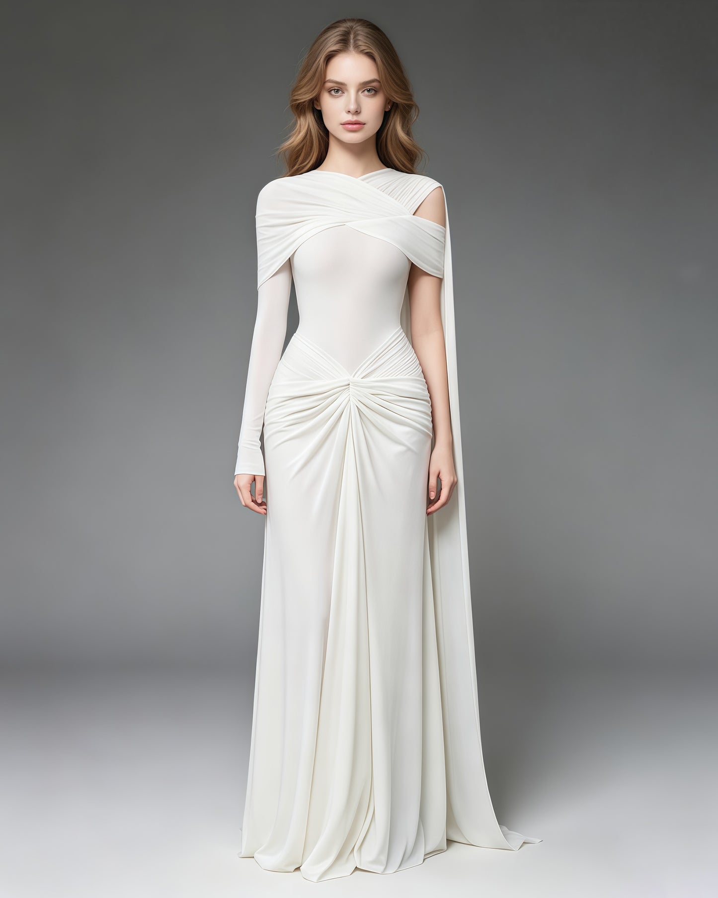 White Draped Asymmetric Cape-Sleeve Evening Gown