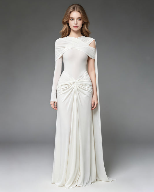 White Draped Asymmetric Cape-Sleeve Evening Gown
