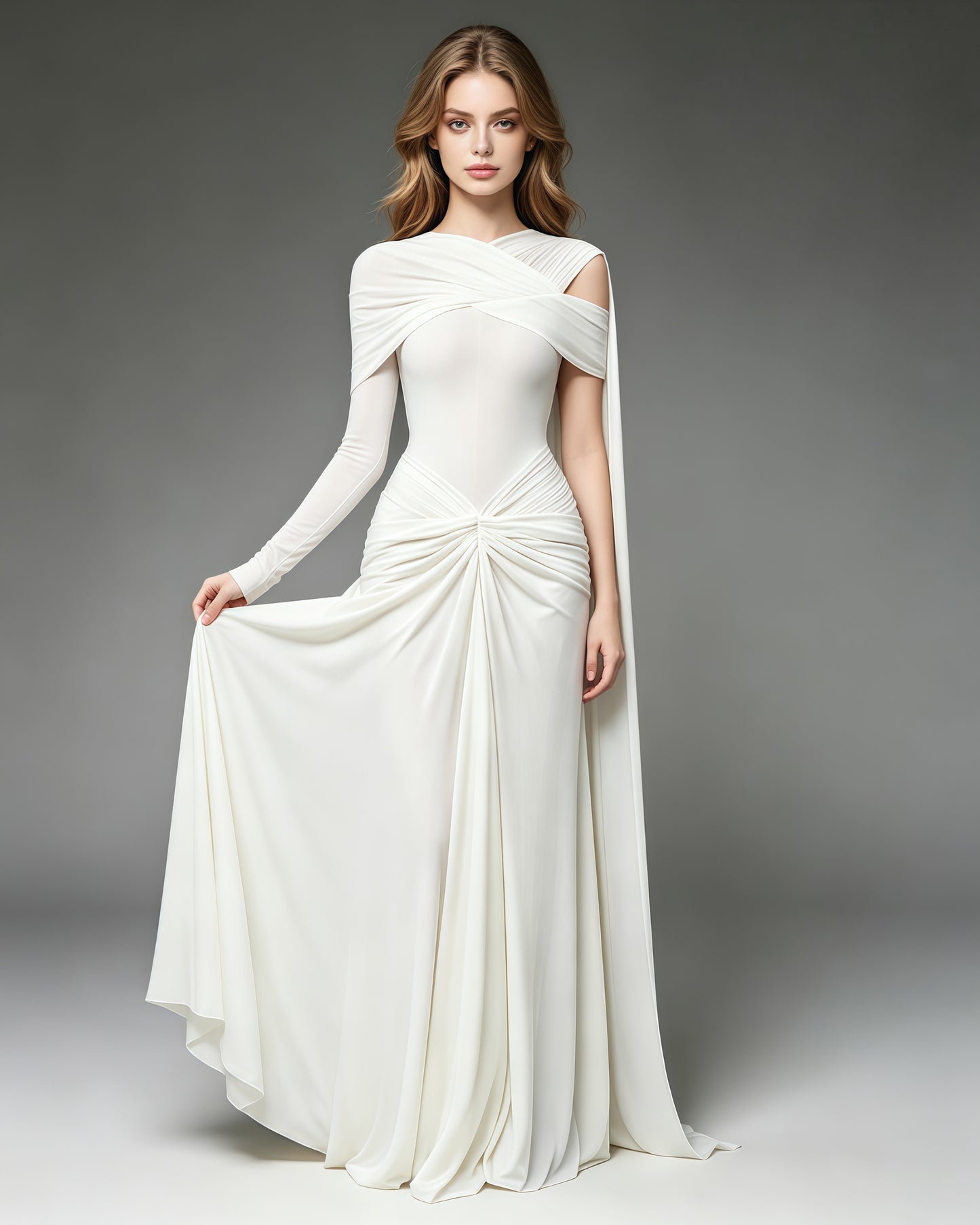 White Draped Asymmetric Cape-Sleeve Evening Gown