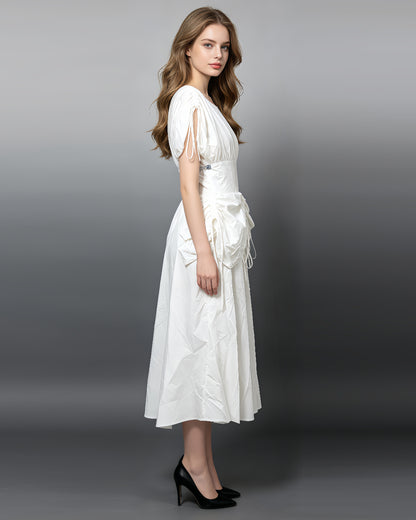 White Drawstring Ruched Midi Dress