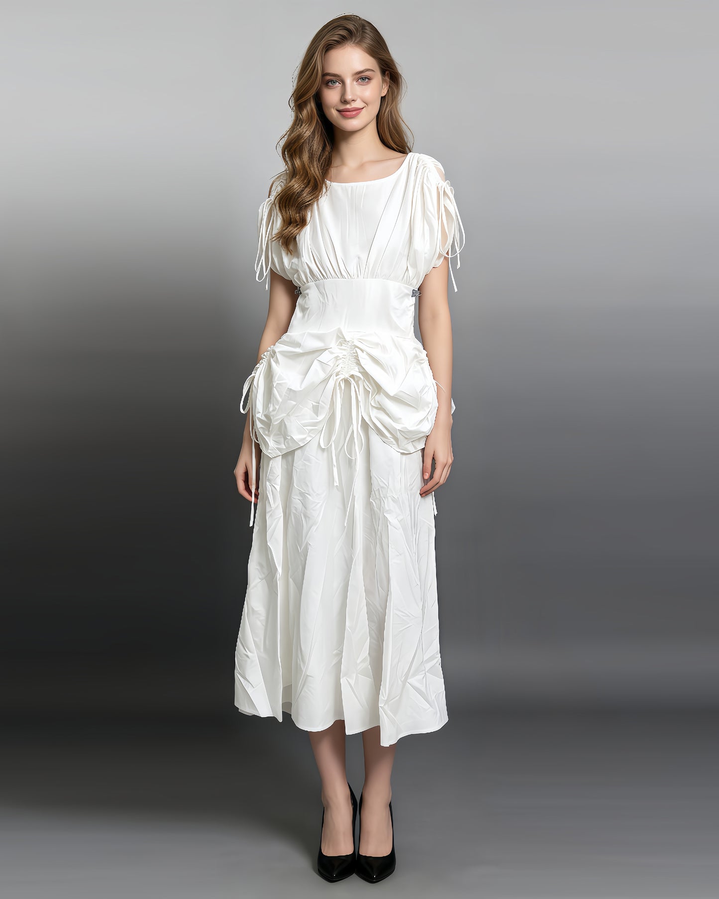 White Drawstring Ruched Midi Dress