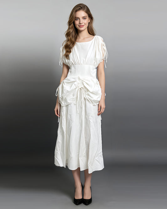 White Drawstring Ruched Midi Dress
