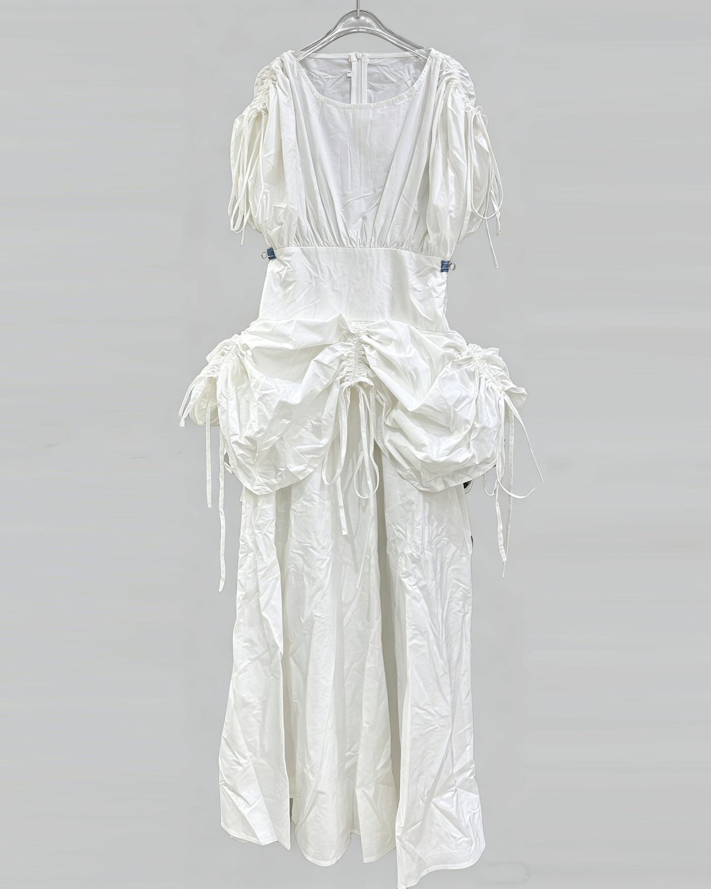 White Drawstring Ruched Midi Dress