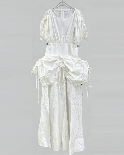 White Drawstring Ruched Midi Dress