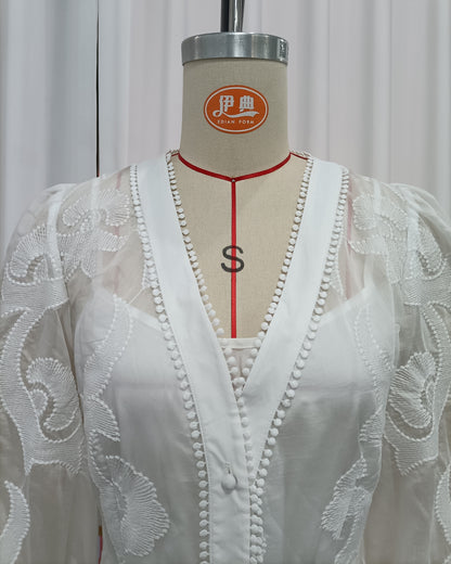 White Embroidered Long Sleeve Maxi Dress