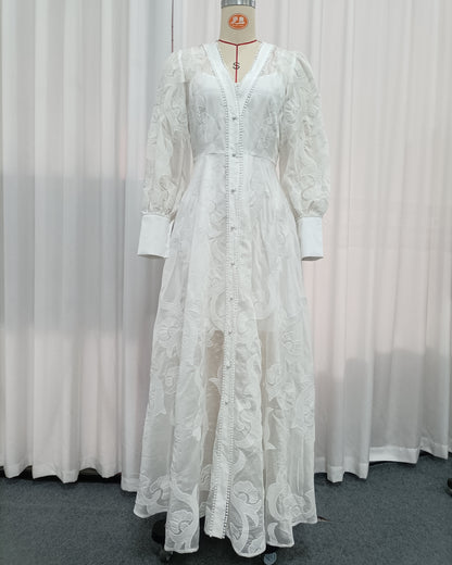 White Embroidered Long Sleeve Maxi Dress