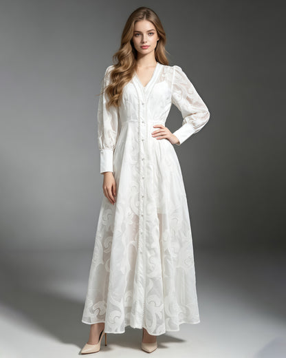 White Embroidered Long Sleeve Maxi Dress