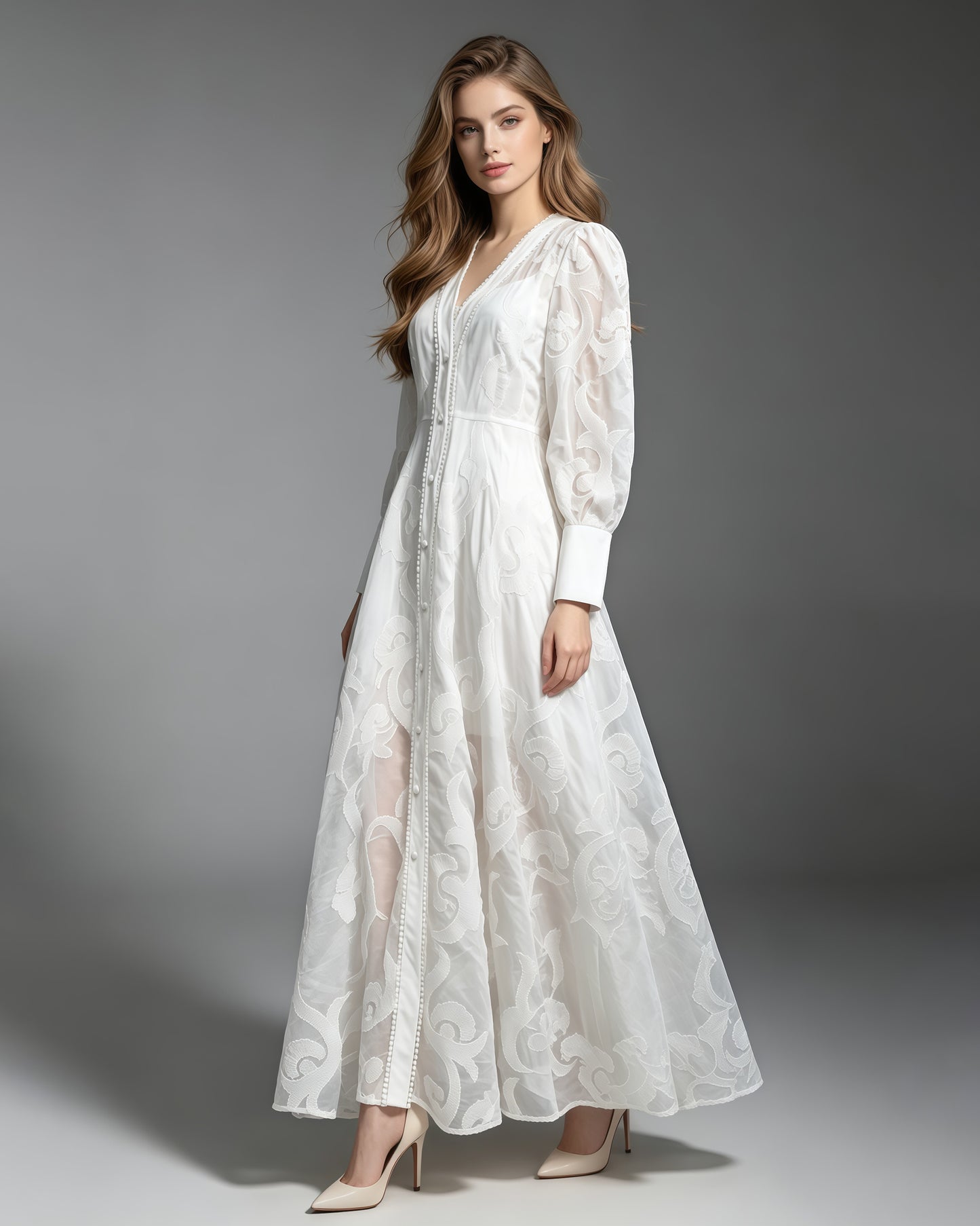 White Embroidered Long Sleeve Maxi Dress