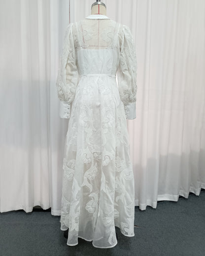 White Embroidered Long Sleeve Maxi Dress