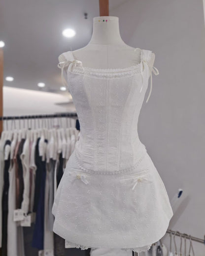 White Eyelet Lace Corset Bow Detail Set