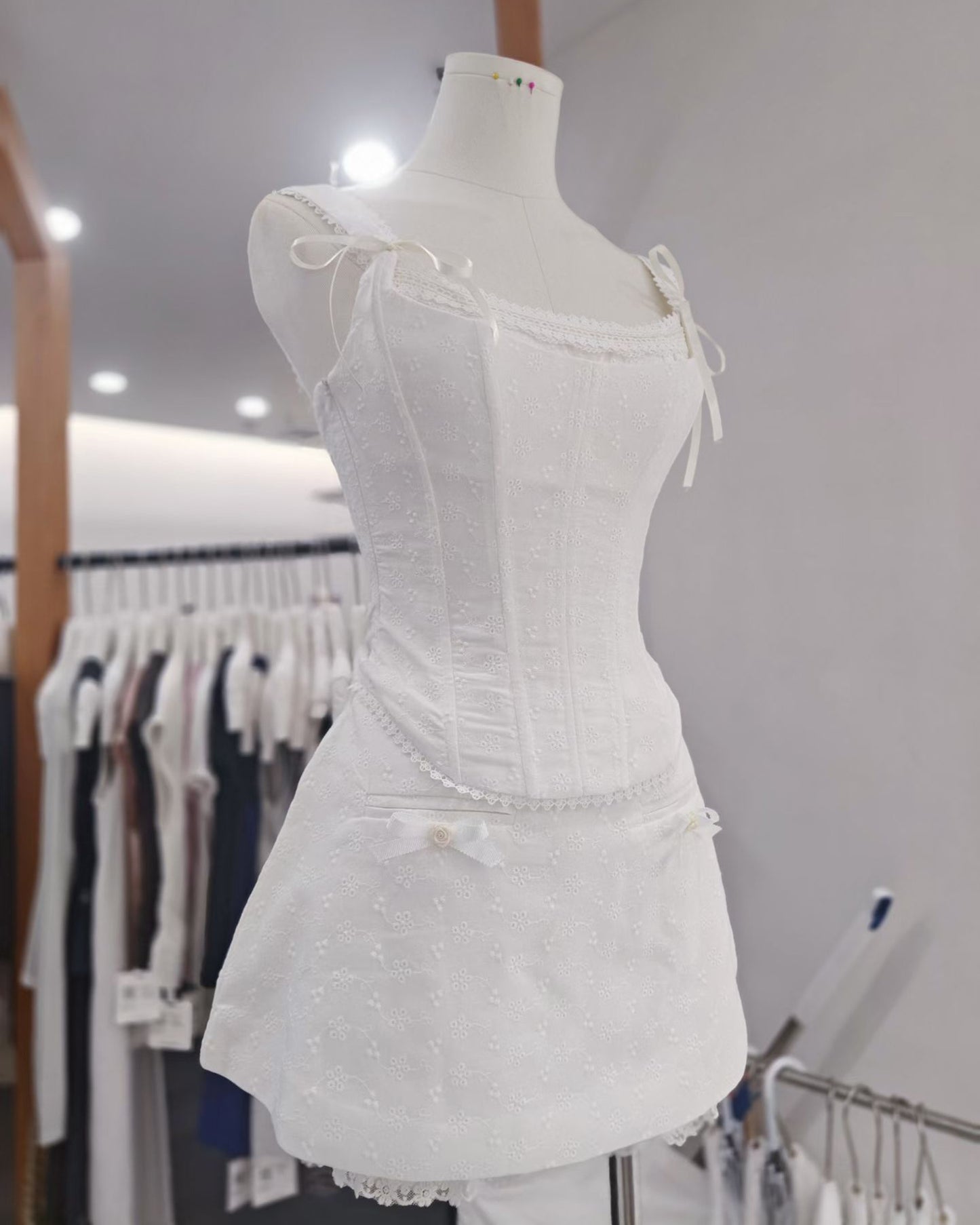 White Eyelet Lace Corset Bow Detail Set