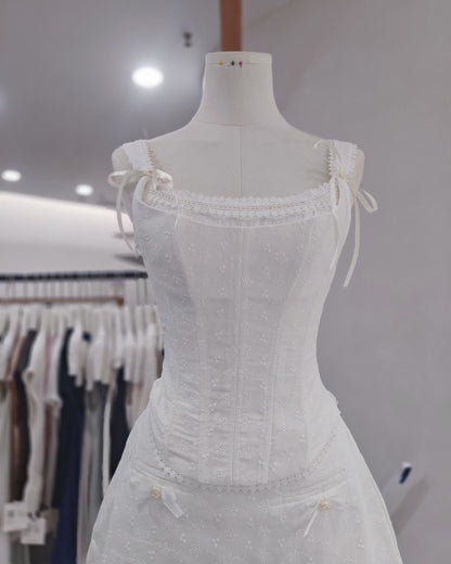White Eyelet Lace Corset Bow Detail Set