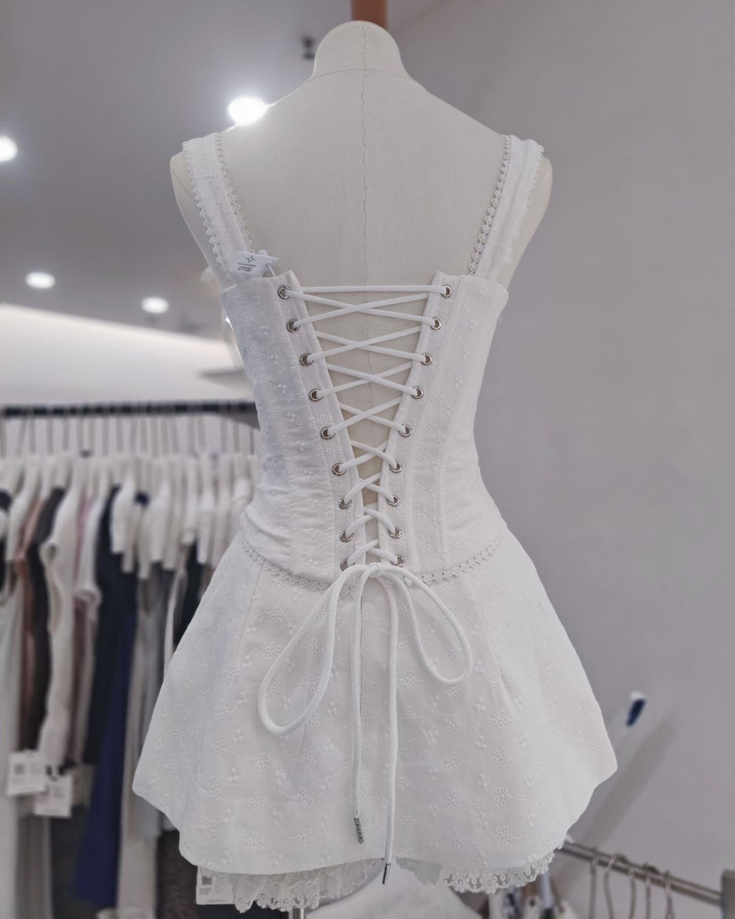 White Eyelet Lace Corset Bow Detail Set
