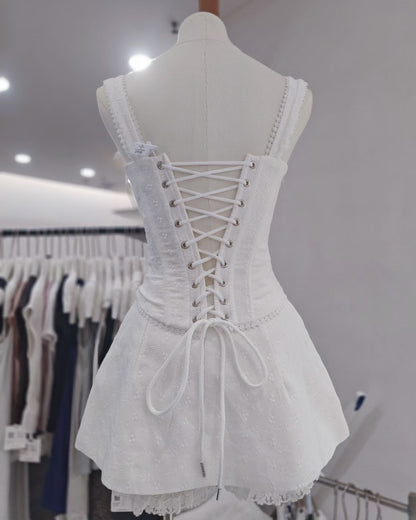 White Eyelet Lace Corset Bow Detail Set