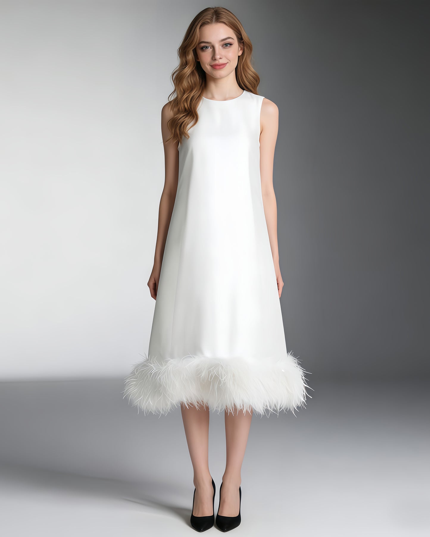 White Feather-Trim Midi Dress