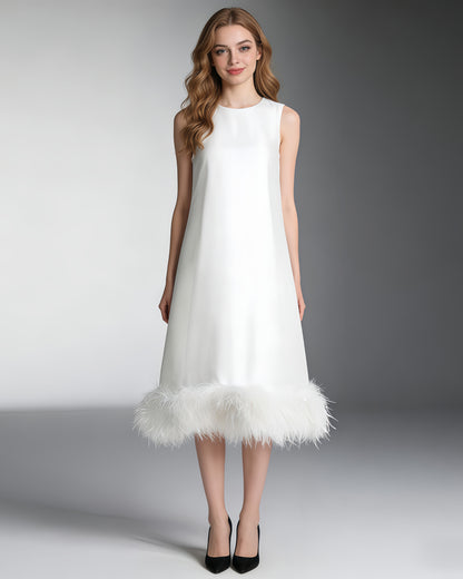 White Feather-Trim Midi Dress