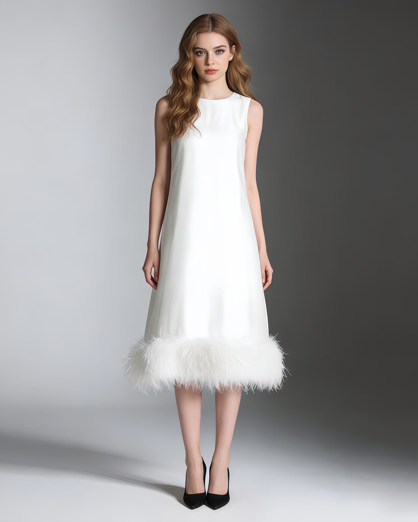 White Feather-Trim Midi Dress