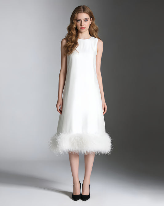 White Feather-Trim Midi Dress