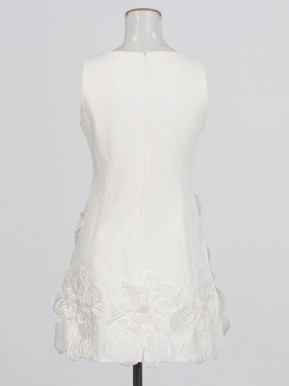 White Floral Appliqué Sleeveless Mini Dress