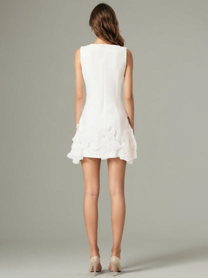 White Floral Appliqué Sleeveless Mini Dress