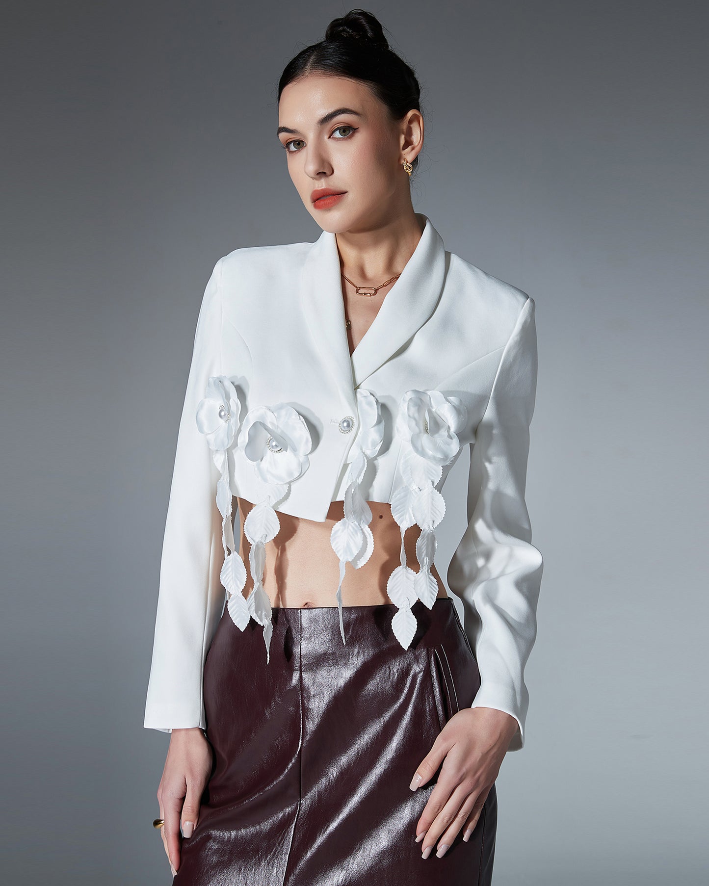 White Floral Applique Two-Tone Blazer