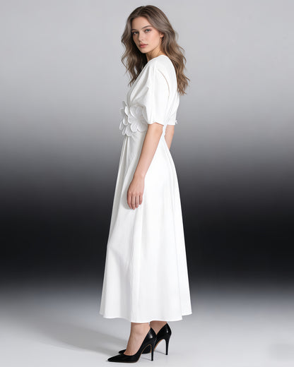 White Floral Applique V-Neck Maxi Dress