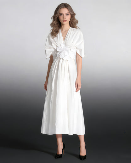 White Floral Applique V-Neck Maxi Dress