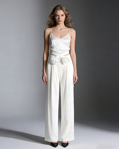 White Floral Appliqué Wide-Leg Pants