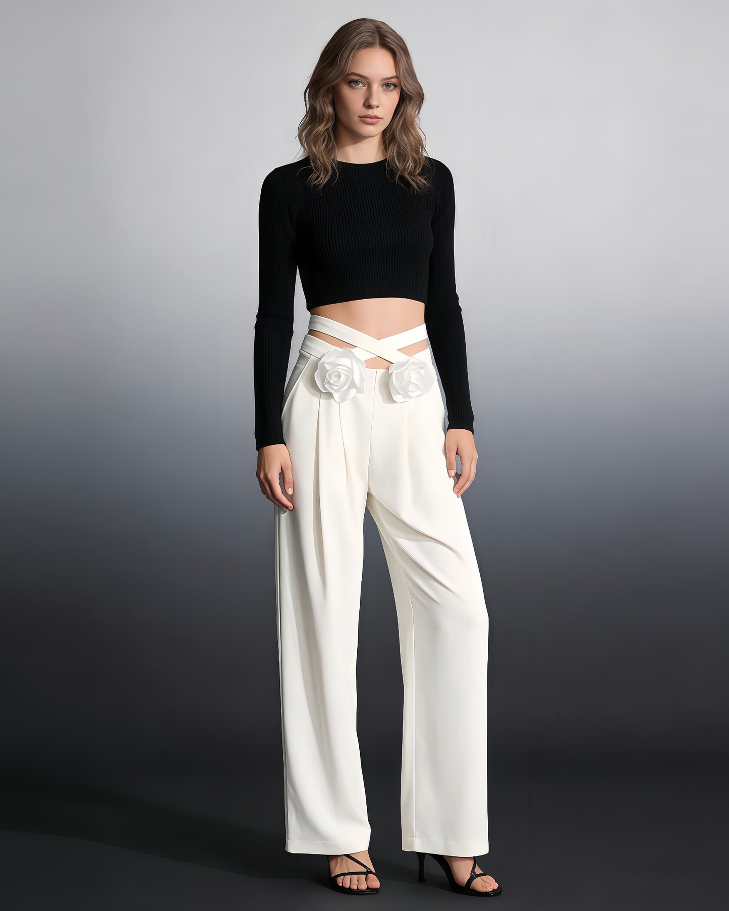 White Floral Appliqué Wide-Leg Pants