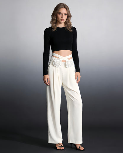 White Floral Appliqué Wide-Leg Pants
