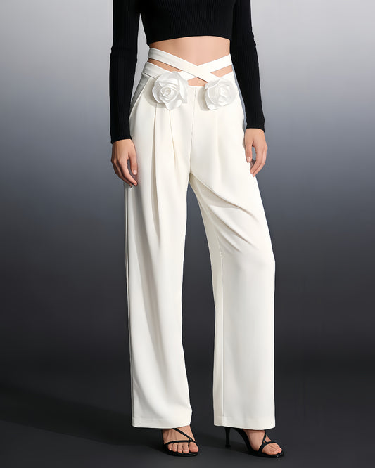 White Floral Appliqué Wide-Leg Pants
