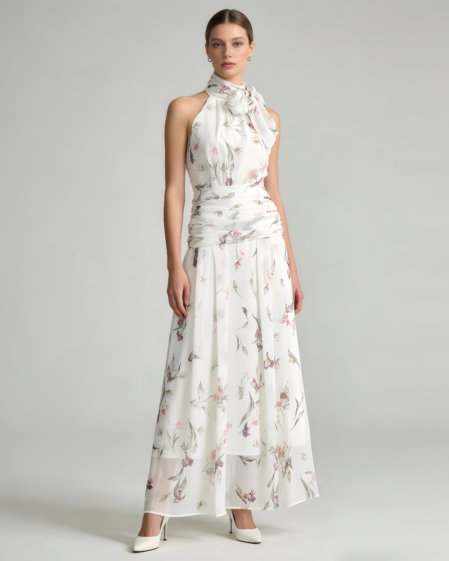 White Floral Halter Tie Maxi Dress