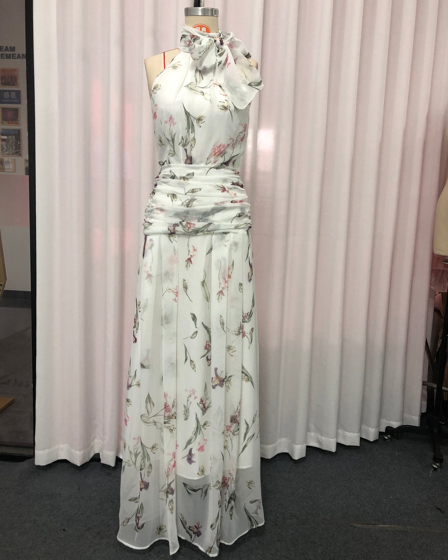 White Floral Halter Tie Maxi Dress