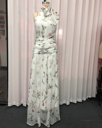 White Floral Halter Tie Maxi Dress