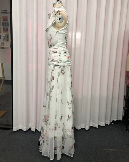 White Floral Halter Tie Maxi Dress