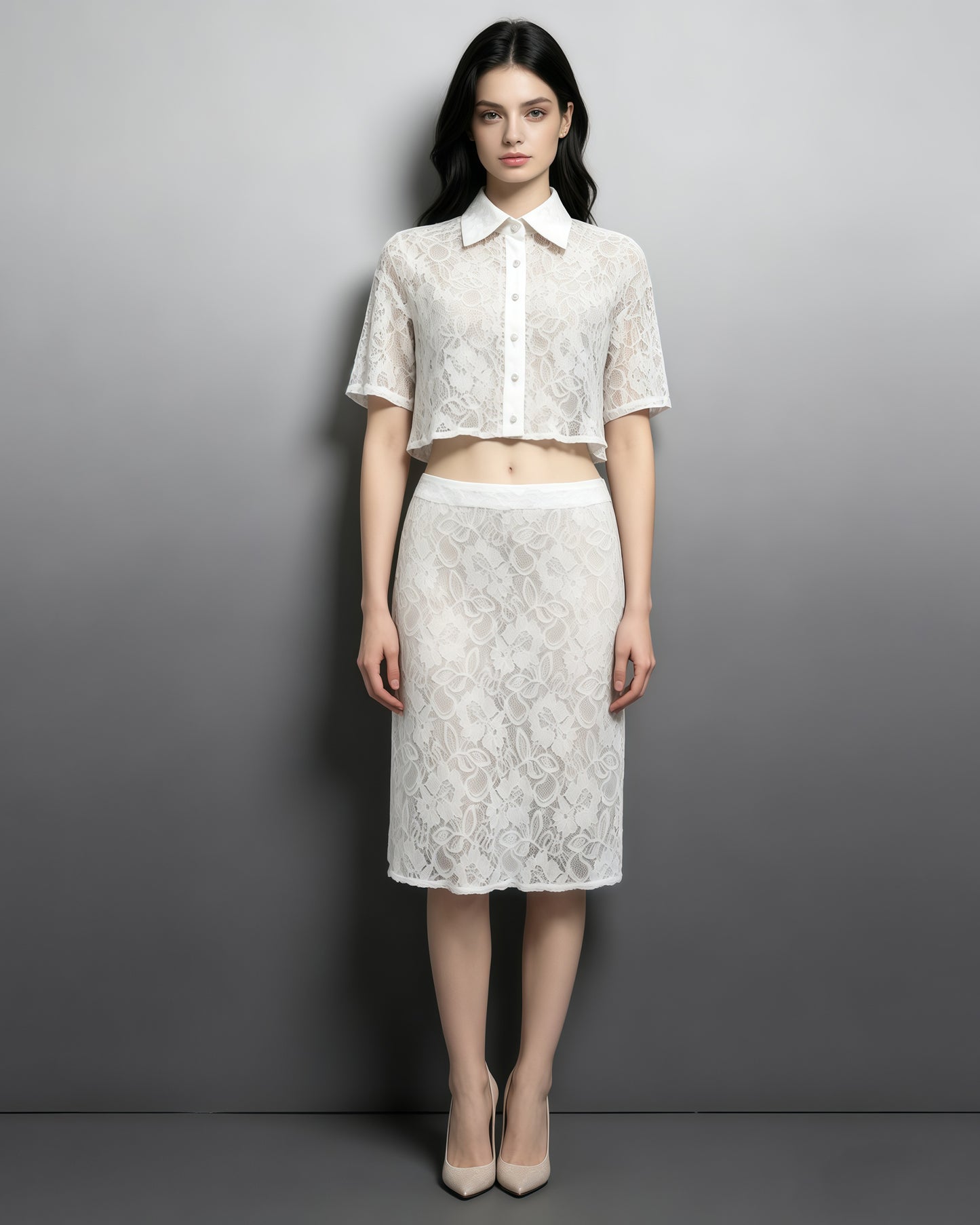 White Floral Lace Collar Crop Shirt High Waist Skirt Set