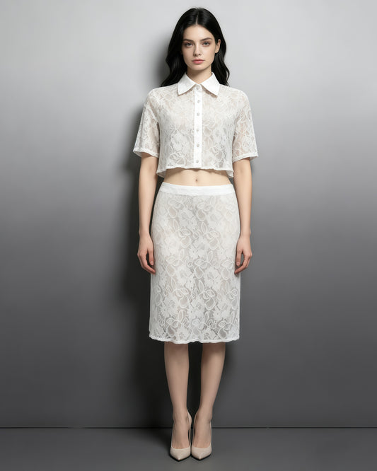 White Floral Lace Collar Crop Shirt High Waist Skirt Set