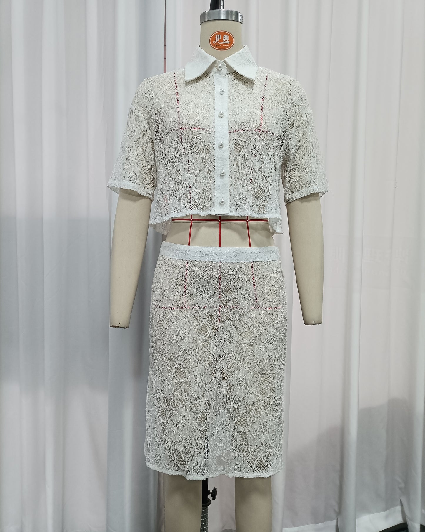 White Floral Lace Collar Crop Shirt High Waist Skirt Set