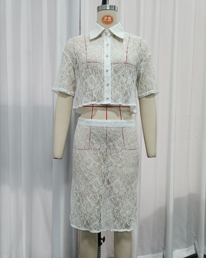 White Floral Lace Collar Crop Shirt High Waist Skirt Set