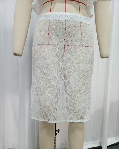 White Floral Lace Collar Crop Shirt High Waist Skirt Set