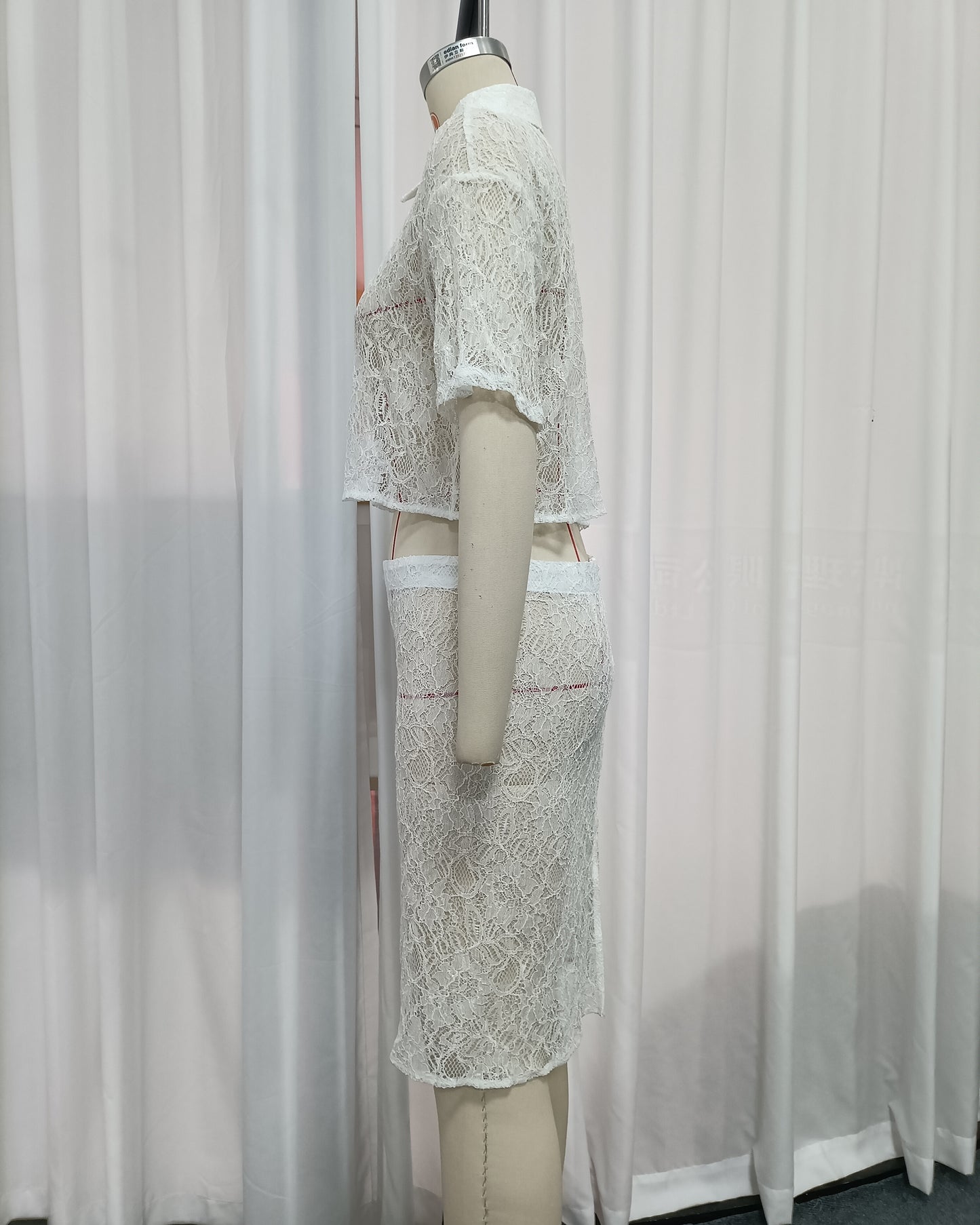White Floral Lace Collar Crop Shirt High Waist Skirt Set