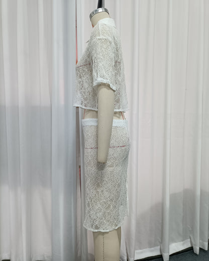 White Floral Lace Collar Crop Shirt High Waist Skirt Set