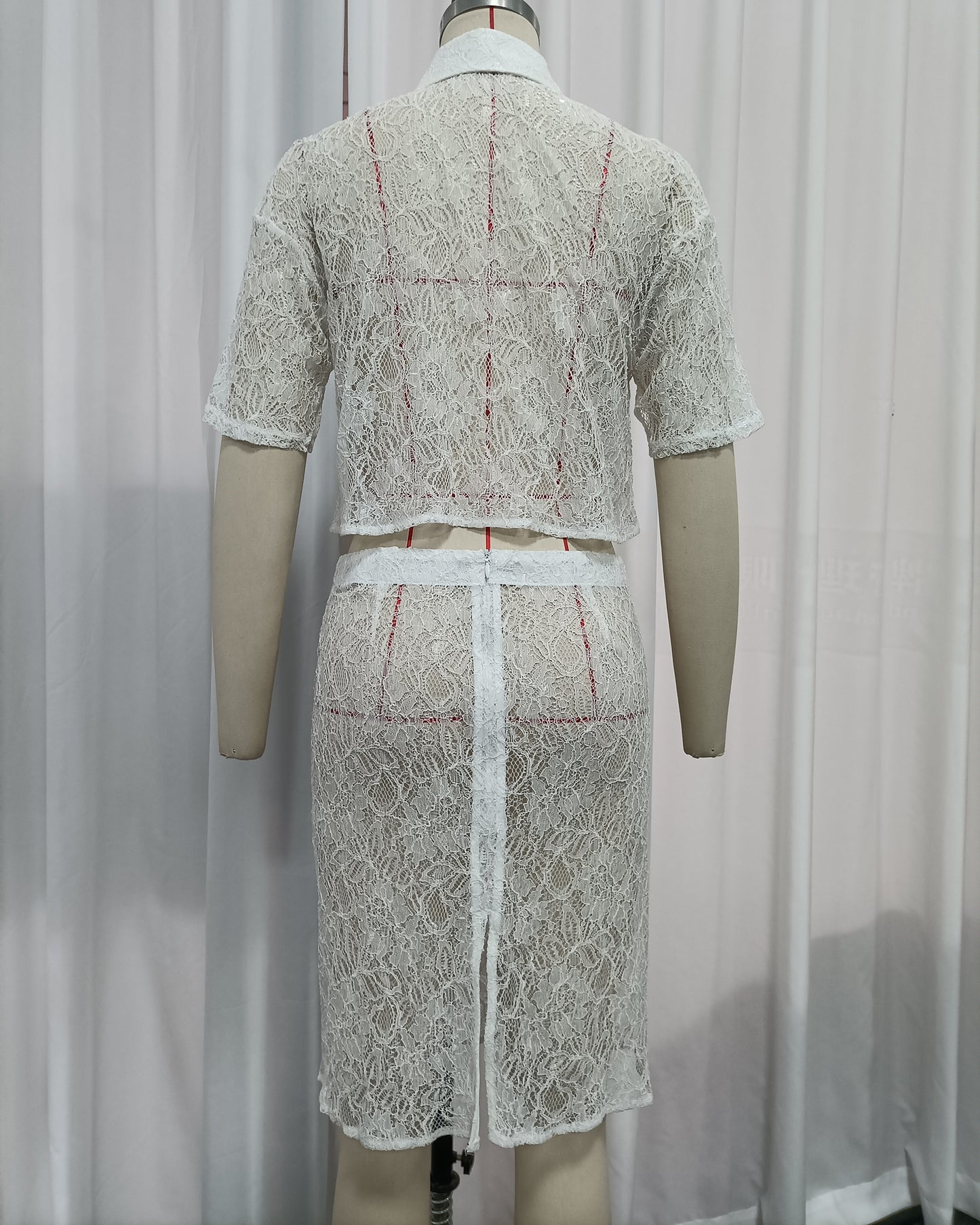 White Floral Lace Collar Crop Shirt High Waist Skirt Set