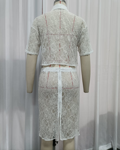 White Floral Lace Collar Crop Shirt High Waist Skirt Set