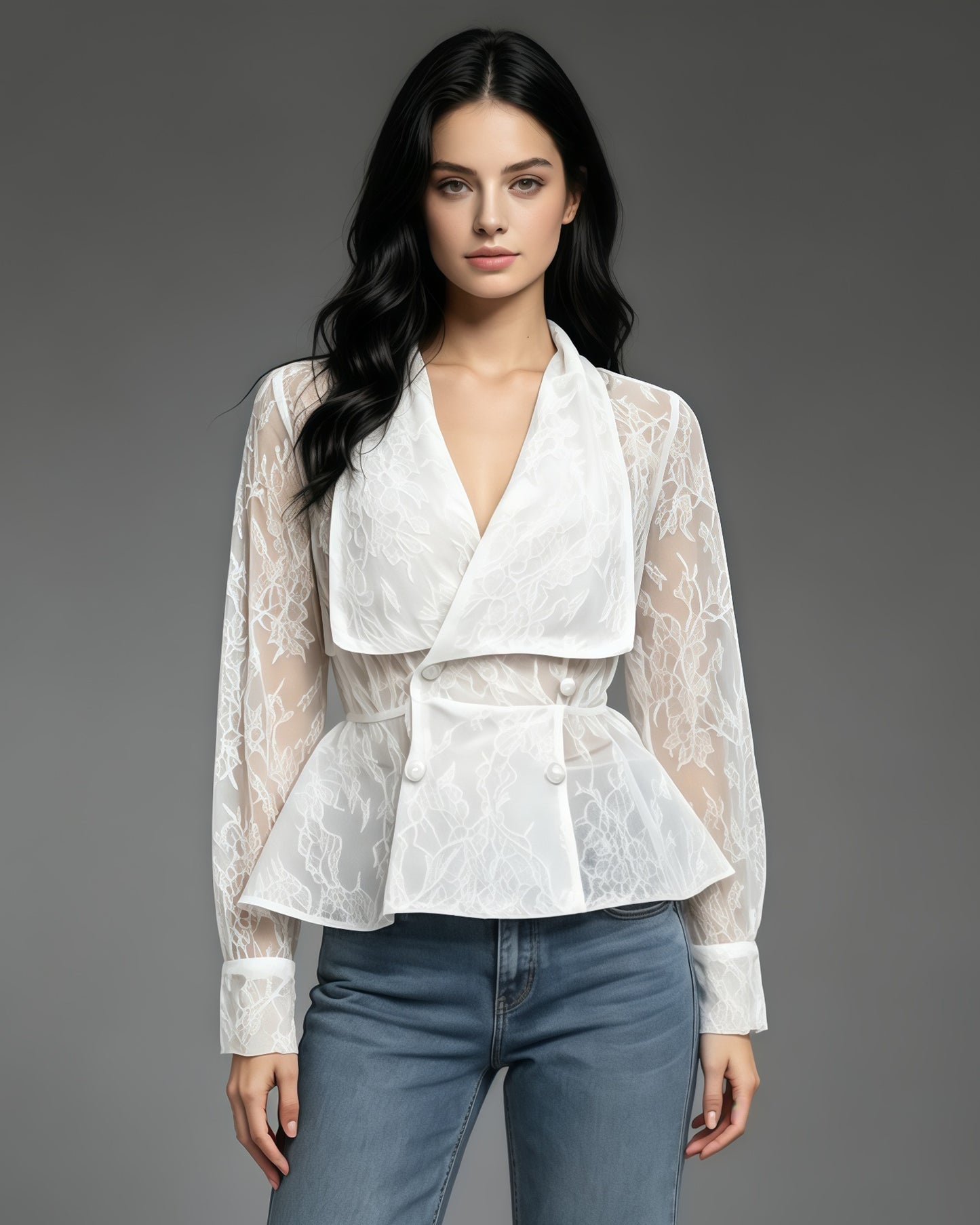 White Floral Lace Lapel Peplum Long Sleeve Blouse