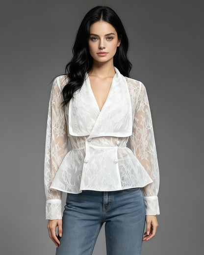 White Floral Lace Lapel Peplum Long Sleeve Blouse
