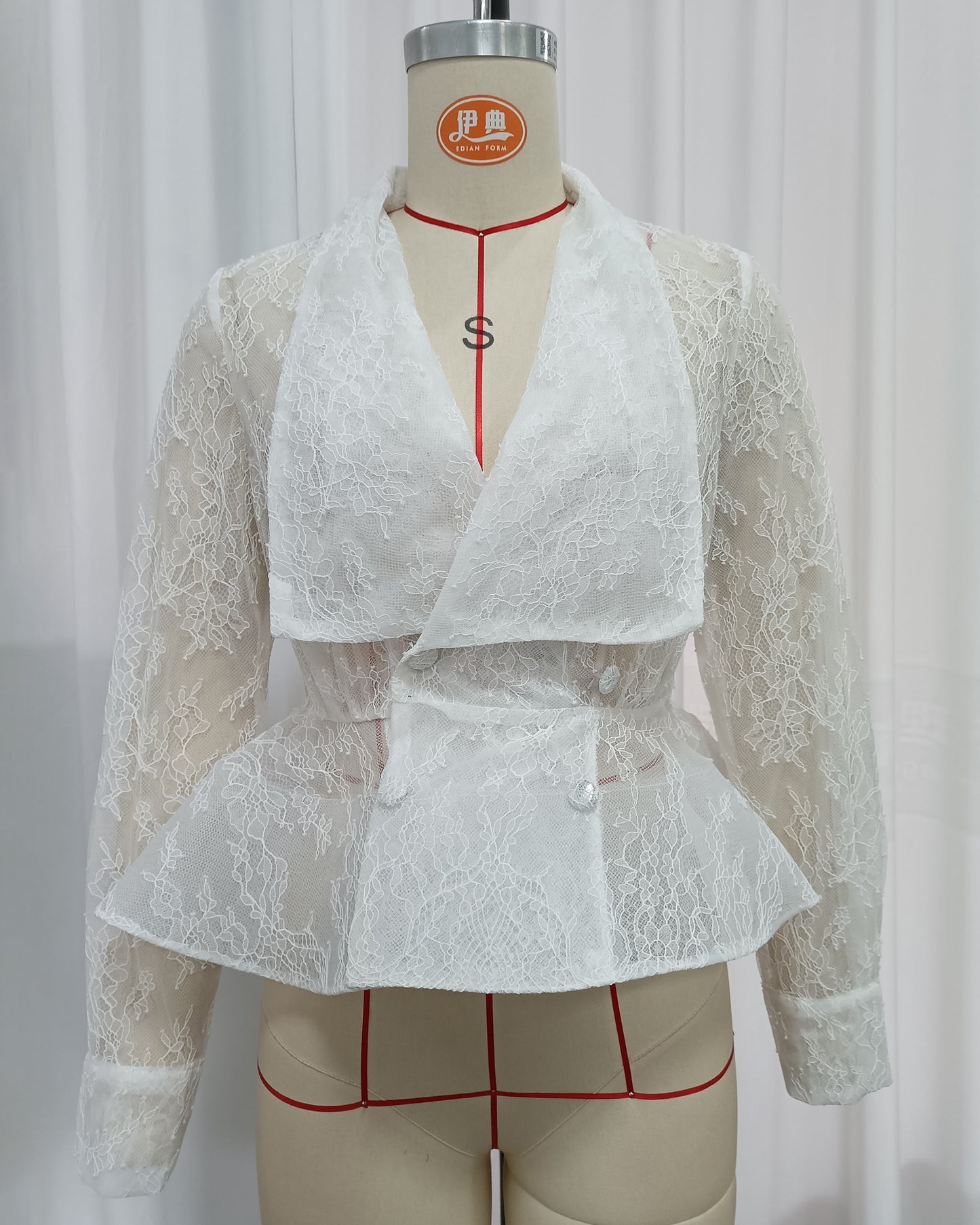 White Floral Lace Lapel Peplum Long Sleeve Blouse