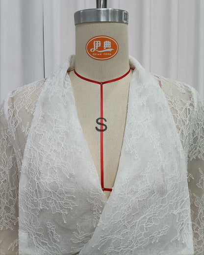 White Floral Lace Lapel Peplum Long Sleeve Blouse