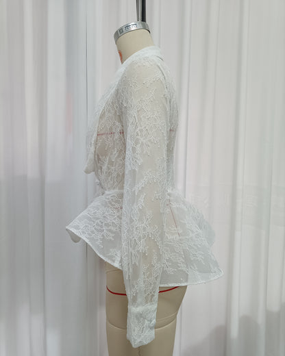 White Floral Lace Lapel Peplum Long Sleeve Blouse